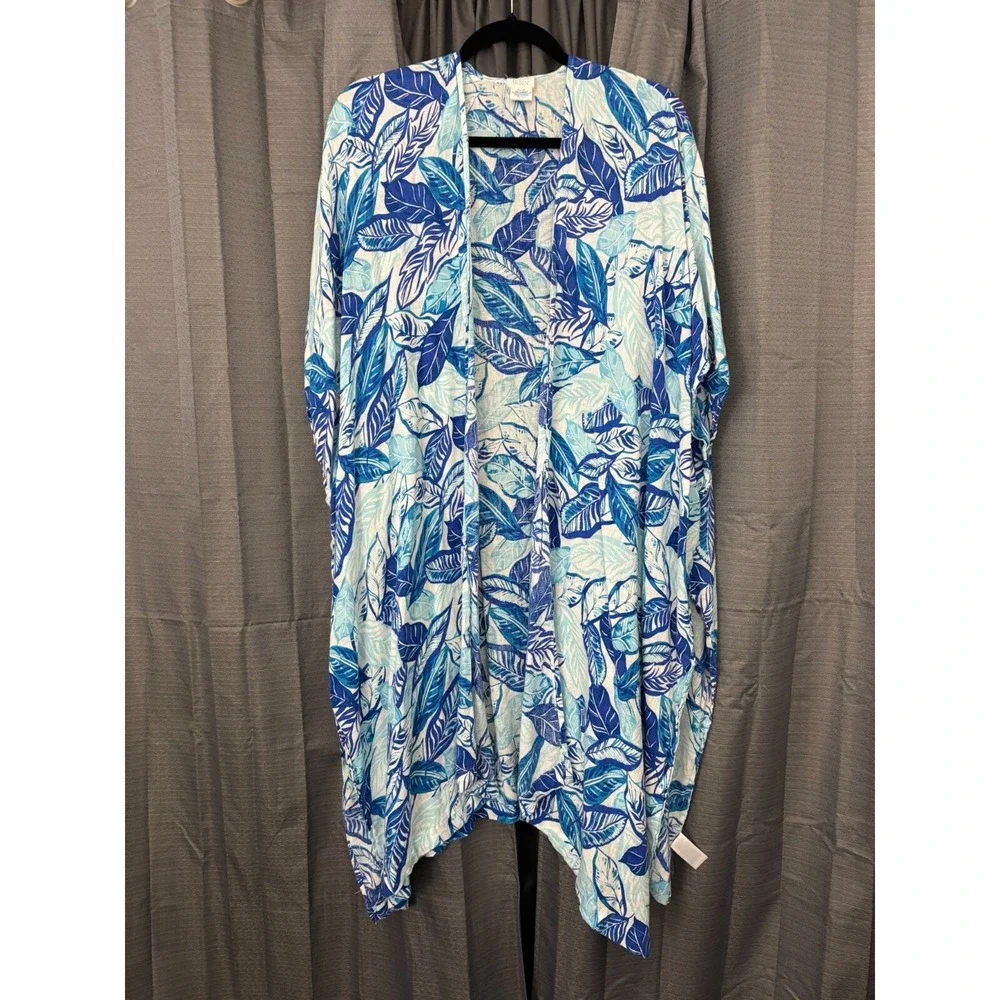 Sigrid Olsen‎ Linen Blend Open Front Long Cardigan Womens OS Blue Floral Beachy
